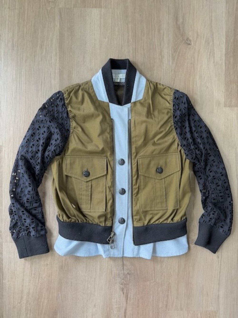 Veronica Beard Mixed Media Bomber Jacket Olive Eyelet Sleeves Size 4 USA